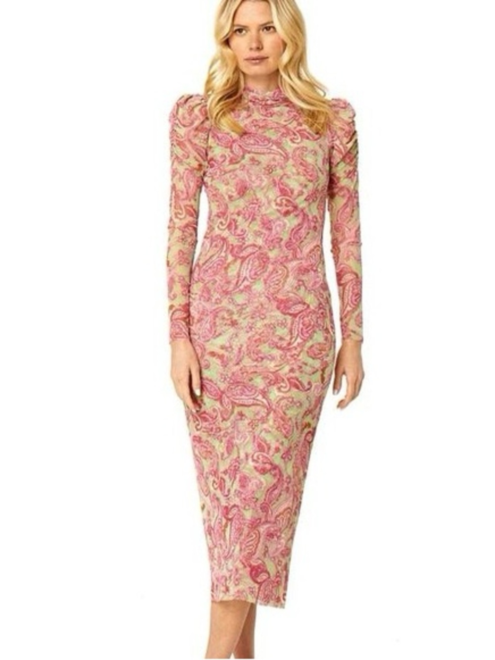 Misa Los Angeles Viviene Pink Paisley Mesh Midi Dress LG Ruched Mock Neck